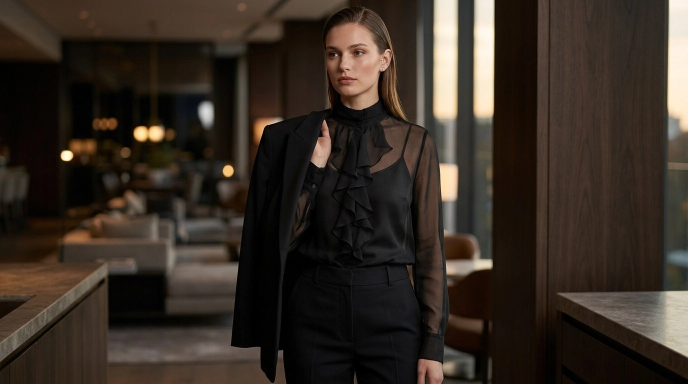 Saint Laurent Sheer Silk Mock-Neck Blouse with Ruffles